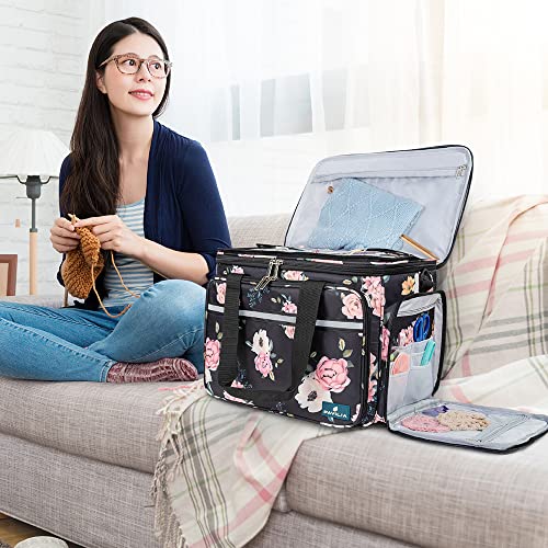 PAVILIA Knitting Yarn Storage Bag Crochet Knitter Organizer, Floral Black - color: Soft Rose