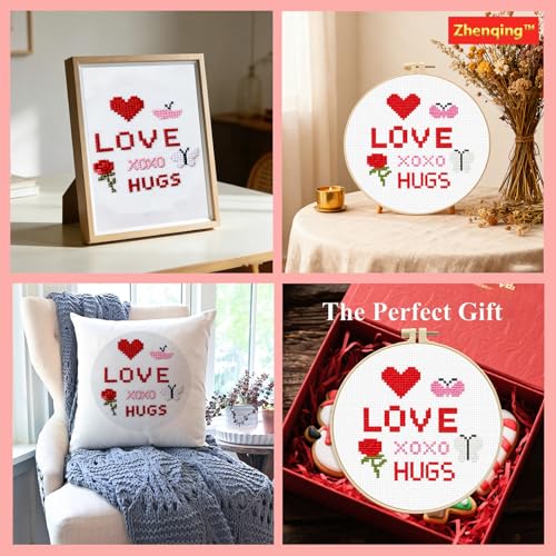 Zhenqing Love & Hugs Cross Stitch Kit for Beginners, 11CT Printed 20x20cm with 16cm Hoop, Heart Rose & Butterfly Embroidery Set(70839) - color: Love & Hugs