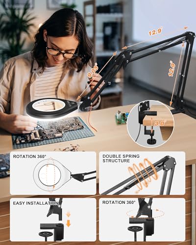 Magnifying Glass with Light, 10X/5X Lens, Dimmable, Swing Arm, White - color: White