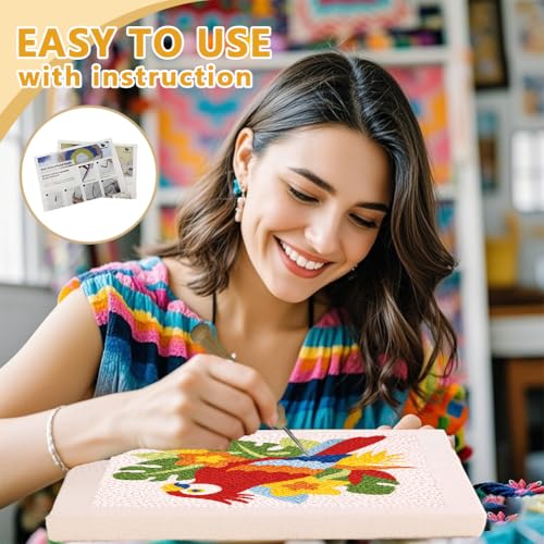 DOODLREAM Tropical Parrot Needle Kit for Beginner, 9.4"x 9.4" Jungle Floral Punch Stitching Craft Set, Color Bird DIY Embroidery Starter with Printed Frame, Instruction, Threader, Yarn, Pinch Needle - color: Parrot
