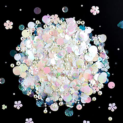 Mixed Clear White Sequins and Spangles Beads Craft Supplies, Crystal Iridescent Spangles and Pearl, Variety Sequins Beads for Crafts, Sewing, DIY Art, Embroidery