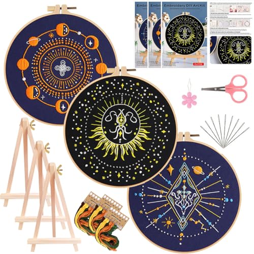 Qupace 3 Pcs Halloween Black Celestial Embroidery Kit, Star Moon Hand Embroidery Set with Bamboo Hoop, DIY Boho Cosmic Craft Supplies for Wall Decor Gift - color: Blue