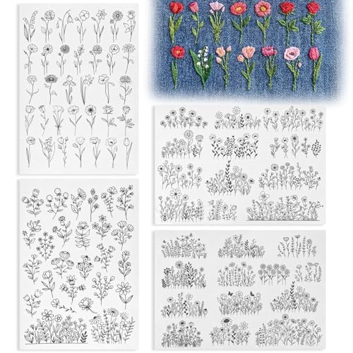 Stick and Stitch Embroidery Paper 4 Sheets, Water Soluble Embroidery Patterns Pre-Printed Wash Away Stabilizer, Dissolvable Floral Leaf Transfer Templates for Hand Sewing Clothes Canvas Bags Jeans