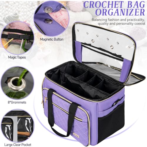 Knitting Bag, Crochet Bag Organizer, Yarn Storage Bag with Divider - color: Purple