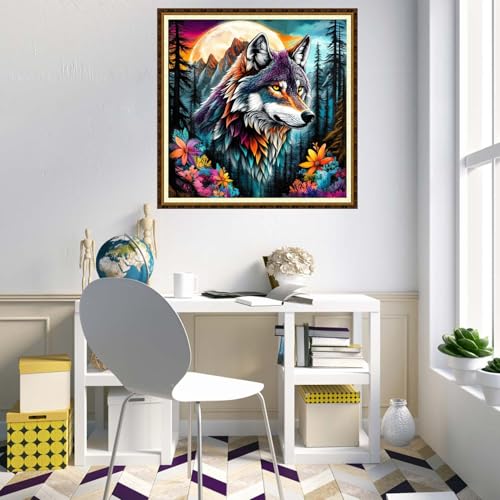 Redxing Counted Cross Stitch Kit for Beginners,Unprinted Needlepoint Kits for Beginners Cross Stitching Embroidery Kit 11CT Stitches kit-Forest Wolf King 18x18 inch - color: KitColors05