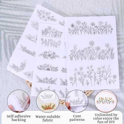 Water Soluble Embroidery Stabilizer 3 Sheets Water Soluble Stabilizer for Embroidery Patterns Stick and Stitch Embroidery-Paper Designs Transfer Paper with Pre-Printed Flower Leave for Hand Sewing