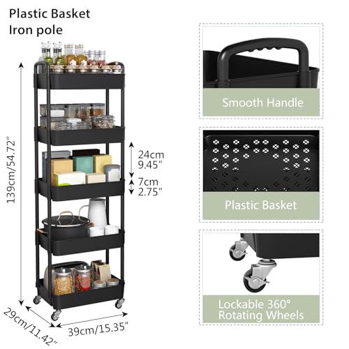 Sywhitta 5-Tier Plastic Rolling Utility Cart with Wheels,Black - color: Black, size: 5-tier