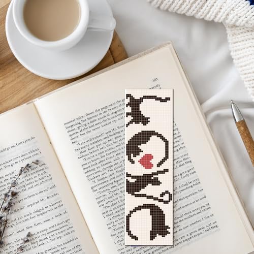 FREEBLOSS 6 Set Cross Stitch Bookmark Kits 11CT 8"x2.4" Black Cat Theme - style: Sketched kitten