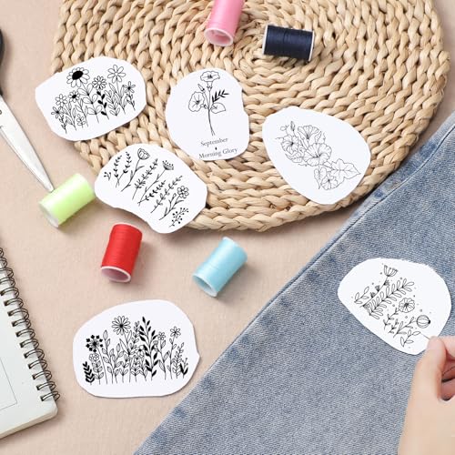 Flower Water Soluble Embroidery Patterns, 4 Sheets 50 Pcs Stick and Stitch Embroidery Papers Wash Away, Pre-Printed Floral Birthday Pattern Transfers for Hand Sewing Lovers Beginners Customized Gifts - size: Floral Birthday