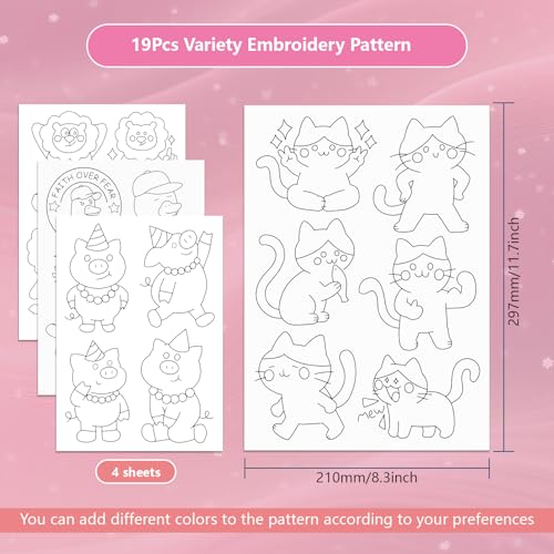 ORIGACH 4 Sheets Water Soluble Embroidery Patterns Stabilizers - Pre-Printed Funny Cat, Lion, Pig & Duck Designs - Stick & Stitch Embroidery Paper for Hand Sewing Lovers - color: Funny Animals
