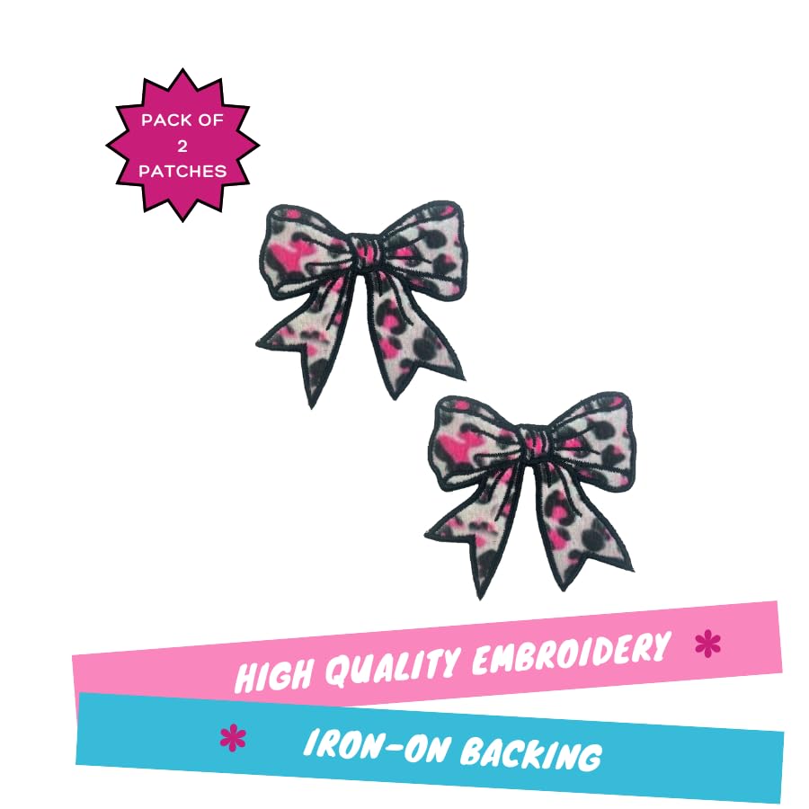 Pink Leopard Print Bow Patch, 3” x 3", 2-Pack, Embroidered Iron-On for Hats, Bags, Jackets - color: Leopard Print Bow - Pink