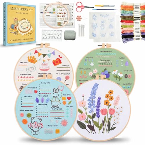 FEIYUENO 4 Pack Flower Embroidery Kit for Adults Beginner, Floral Love - color: Floral Love