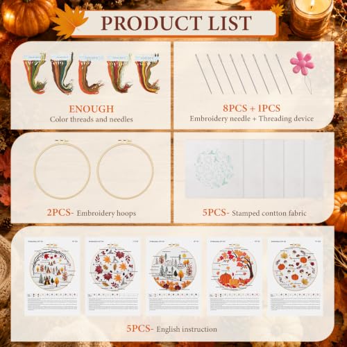Kuabiz 5 Sets Embroidery Kits for Beginners Cross Stitch Kit for Adults Highland Cow Pattern Embroidery Starter Kit Embroiderys Hoop Needlepoint Kits with Instruction Needles Threads (Fall Leaves) - style: Fall Leaves