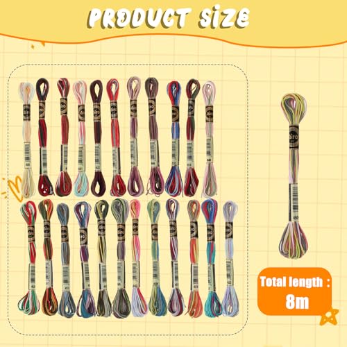 24 Skeins Multicolor Embroidery Floss Six Strand Embroidery Cross Stitch Threads Friendship Bracelet String Colorful Embroidery Skein Threads Gradient Hand Embroidery Cotton Thread for Sewing Crafts
