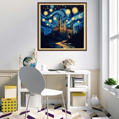 Redxing Counted Cross Stitch Kit for Beginners,Unprinted Needlepoint Kits for Beginners Cross Stitching Embroidery Kit 11CT Stitches kit-Van Gogh Starry Night Castle 18x18 inch - color: KitsColor20
