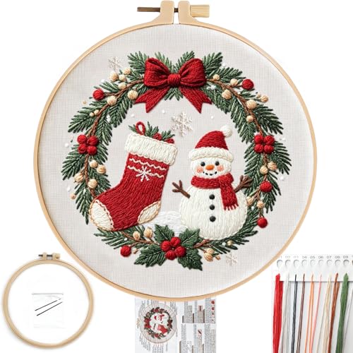 FONNUY Cute Christmas Embroidery Kit for Beginners, Festive Winter Pre-Printed Pattern & Supplies Set for Adults, DIY Handmade Needlepoint Kits Wall Art, 8'' Hoop (Holly Berries) - color: Holly Berries
