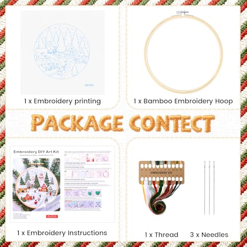 Christmas Embroidery Kit for Adults & Beginners - Gnomes & Cross Stitch Patterns, Cotton, Threads, Needles & Instructions (4 Pcs) - color: 4 Pcs, Village+Fireplace+Gnomes+Holly
