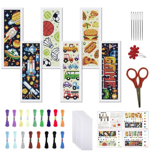 FREEBLOSS 6 Set Cross Stitch Bookmark Kit 11 CT Stamped Cross Stitch Kit DIY Embroidery Bookmark Kits for Adult Beginners with Instructions, Boy Theme, 6 x 20 cm/8" x 2.4" - style: Boys
