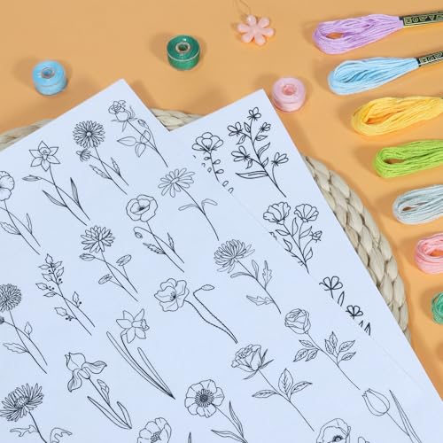 Patemby Embroidery Pattern Water Soluble Embroidery Stabilizers, Stick and Stitch Embroidery Paper Wash Away with Pre-Printed Pattern Designs Stencils Transfers for Hand Sewing Lover Beginner - color: Blossom