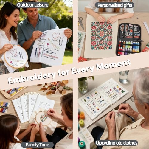 2026 Upgraded Embroidery Stitch Book & Complete Kit for Beginners | Includes Embroidery Hoop,86 Tools,65 Water-Soluble Patterns & 106 Stitches With Guides,Portable Craft Set for Adults & DIY Lovers
