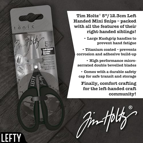 Tim Holtz Left Handed Scissors - 5 Inch Mini Snips with Micro Serrated Blade - Lefty Craft Tool for Cutting Paper, Fabric, and Sewing - Titanium with Black Comfort Grip Handles - size: 5" Left Handed
