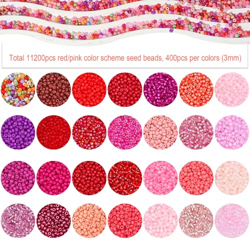 11200pcs Glass Seed Beads for DIY Crafting Bracelet Necklace Embroidery Jewelry Making Supplies (3mm, 400pcs/Color, 28 Colors, Red Scheme) - color: Red