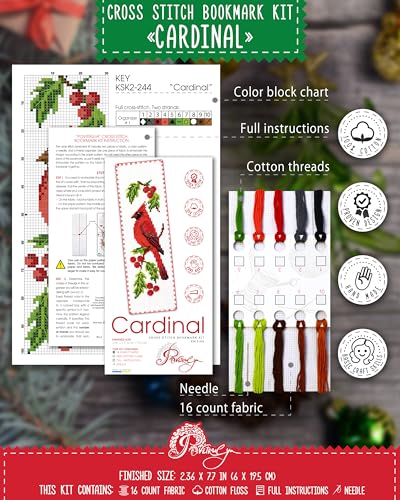 Povitrulya Cardinal - Counted Cross Stitch Bookmark Kit - DIY Embroidery Set - Hand Made Gift for Adultss with a Redbird Sitting on a Christmas Mistletoe - color: Cardinal
