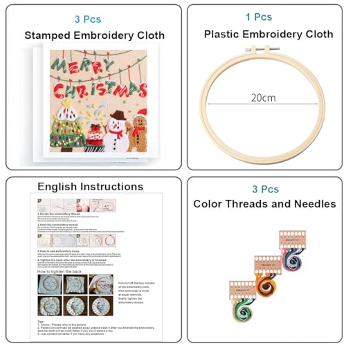Konrisa Embroidery Kits Merry Christmas Pattern Embroidery Starter Kits for Adults Beginner DIY Sewing Needlepoint Cross Stitch Practice Kit Christmas Home Decoration Handmade Gifts - color: Xmas
