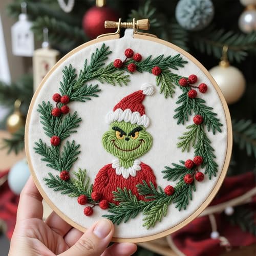 BBLYBD Christmas Embroidery Kit, 1 Set Cross Stitch Craft Kit for Beginners with Pre-Printed Embroidery Fabric, Hoop, Step-by-Step Instruction, Color Threads & Needles (Christmas-1 Set) - color: Christmas-1 Set