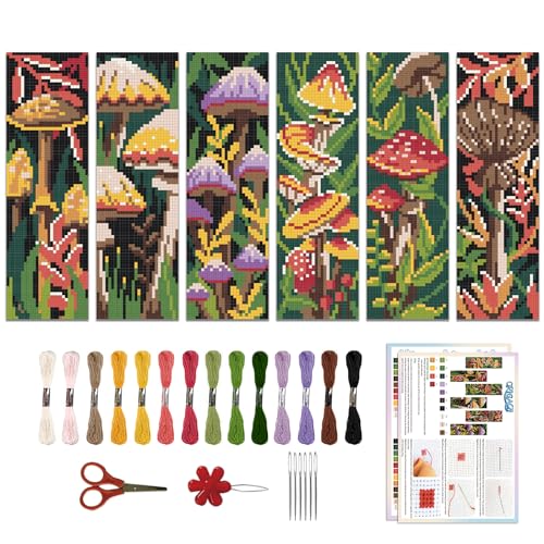 ORIGACH 6 Set Mushroom Plants Cross Stitch Bookmark Kit for Beginner - style: Mushroom