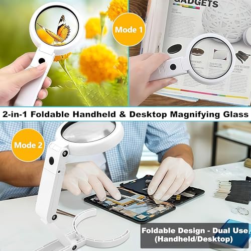 Magnifying Glass with Light and Stand, 3.55 Inch Large Lens with Lightweight Foldable Arm, Illuminated Magnifier with LED & Adjustable Brightness for Seniors Reading, Close Work, Coins, Jewelry