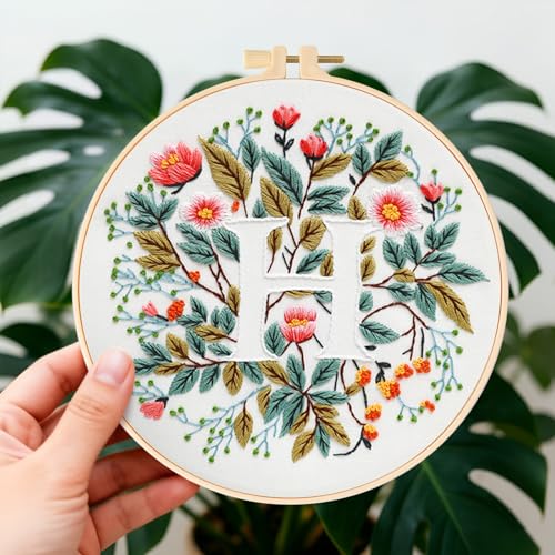 Zerzsy 7.87 '' Embroidery Kits Plant Flower Leaf English Letter Patterns for Beginners Adults, Easy to Learn Cross Stitch Kit for Home Office Decor - color: Letter H