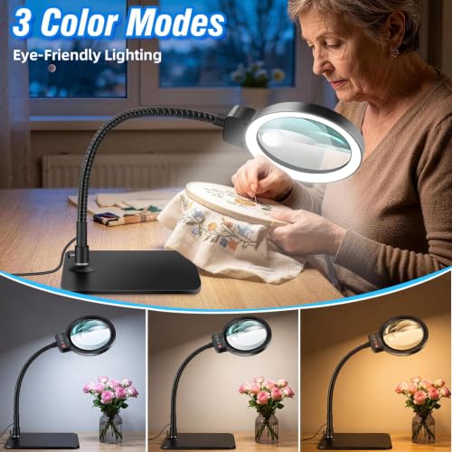 30X 10X Large Magnifying Glass with Light and Stand,LED Magnifier Desk Lamp - color: Black