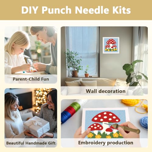 Doodlream Mushroom DIY Punch Needle Embroidery Kit for Adult Beginner, 9.4" Mushroom Punch Stitching Craft Set for Starter with Frame, Fabric Pattern, Threader, Yarn, Pinch Needle - color: Mushroom