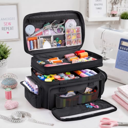 AMOIGEE Puffy Double-Layer Sewing Storage Bag with 2 Clear Organizer Boxes - color: Black