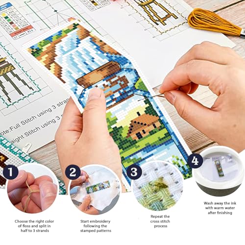 FREEBLOSS 6 Set Cross Stitch Bookmark Kit 11CT DIY Cross Stitch Kits Travel Bottle Pattern Stamped Embroidery Kit with Instructions Bookmark Making Set for Adult Beginners 8x2.4inch