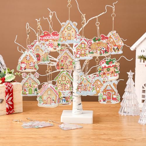 Tondiamo 20 Pcs Diamond Art Christmas Ornaments Diamond Painting Keychain - style: Gingerbread House