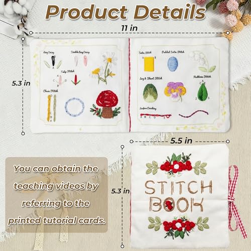 Zisekdy Embroidery Stitch Book Kit for Adults Beginners, 32 Stitches, Hand Embroidery Guide with Floral Patterns, Includes Hoop, Threads and Tools, DIY Sewing Craft Starter Set, Gift for Craft Lovers