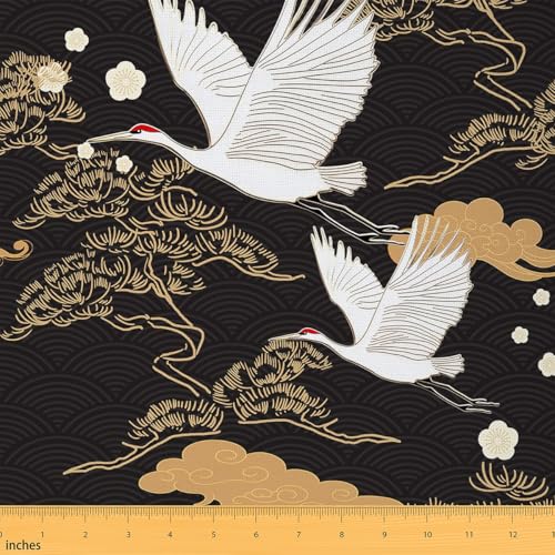 Crane Fabric by The Yard,Japanese Style Ukiyeo Decorative Fabric for Upholstery and Home DIY Projects,Golden Clouds Geometric Pattern Precut Fabric Squres,5 Yards,180" L x 59" W - color: Multi 01, size: 5 Yards
