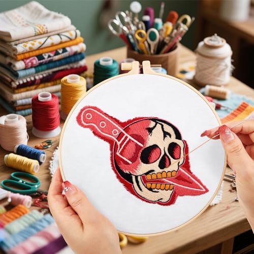 Halloween Punk Embroidery Kits for Beginners Adults, Blood Skull Embroidery Starter Kits, Halloween Cross Stitch Kits for Beginners Adults Hobbies for Women, Embroidery Fabric, Hoop and Video Tutorial - color: H2018