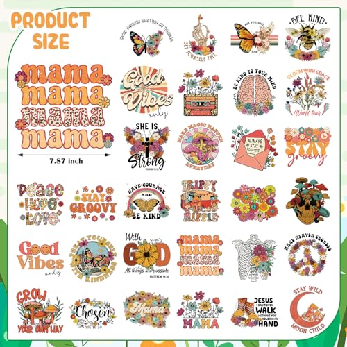 Estune 30 Pcs Retro Groovy Iron on Transfers Mama Boho Floral Heat Transfer Vinyl Vibes Iron on Decals Patches DTF Transfers Stickers Ready to Press for T Shirts Jacket Bag Hat DIY - style: Groovy