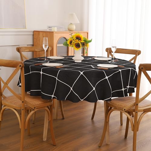 Gernaice Plaid Round Tablecloth Checkered Table Cloth 90” Black - color: Black, size: 90" (Round)