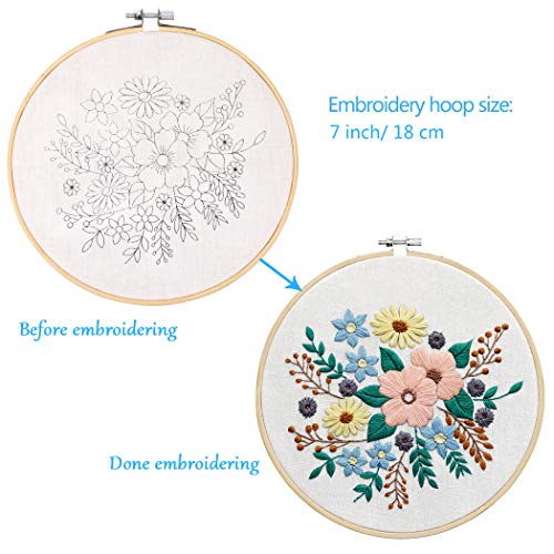 KISSBUTY Embroidery Starter Kit with Pattern, Stamped Embroidery Cloth, Bamboo Hoop, Color Threads Needle Kit (Floral)