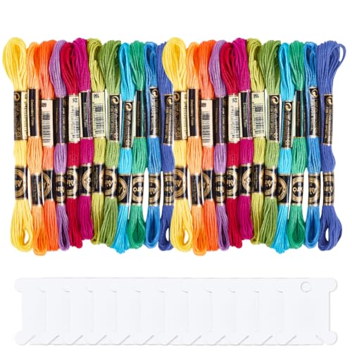 210 Yards 24 Skeins Colorful Cross Stitch Floss Embroidery Threads Polyester Friendship Yarn Rainbow 6 Ply Embroidered String for Sewing Making Bracelets Clothes Stitching Decor Craft DIY - color: Rainbow Color