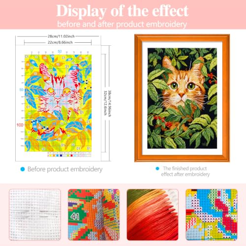 Zhenqing Orange Cat Stamped Cross Stitch Kit for Beginners, 11CT Printed Full Coverage Ginger Kitten in Green Leaves Pattern, 28 x 38 cm DIY Animal Embroidery Needlework Set, No Hoop Needed - color: Hidden Garden Cat