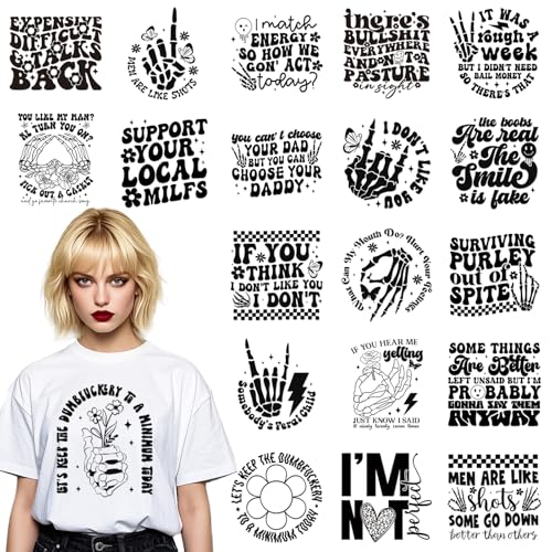Dazaoratix Sarcastic Iron on Transfers - 20 Sheets Funny Sarcasm DTF Ready to Press Black Humor Heat Patches Stickers Vinyl Designs Decal for T Shirts Women Adult Clothes DIY Craft Clothing Decoration - style: Sarcastic