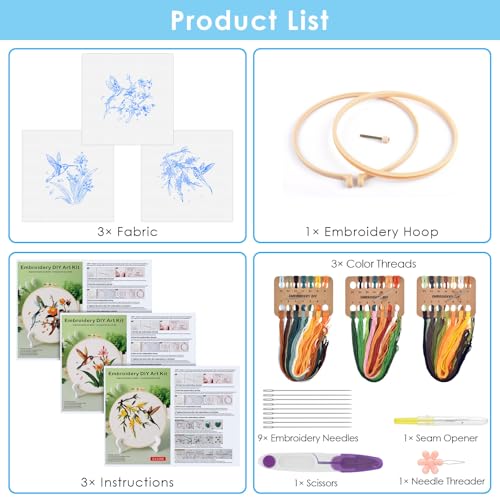 ERKOON 3 Sets Embroidery Kit, Hummingbird Cross Stitch Set for Include Embroidery Cloth Hoops Threads for Craft Lover Hand Stitch (Hummingbird) - color: Hummingbird