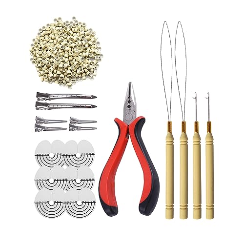 500 Pcs Silicone Rings Hair Extensions Tools Kit: Three-hole Hair Pliers, Pulling Hook Needle, Loop Threader and Silicone Micro Links Rings Beads (Blonde) - color: Blonde, size: 500 Count