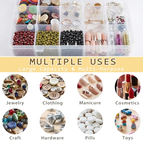 YuYueWeiXiao 15-Grid Large Plastic Storage Box with Shelves, Transparent compartments, Ideal for Snacks, Bead Crafts, Jewelry, and Fishing Gear. Dimensions: 10.6 x 6.7 x 2.2 inches.
