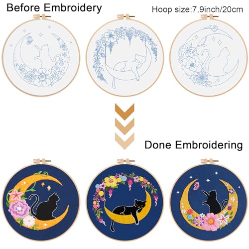 Louise Maelys 3 Set Cat Moon Embroidery Kit for Beginners Craft - color: Animals-8